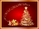 Kerstkaart: Fonkelende kerstboom met slingers met daarnaast vier kerstpakketjes tegen een rode achtergrond