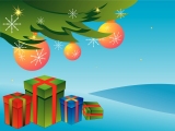 Kerstkaart: Kerstpakjes liggen onder de kerstboom waar orjanje kerstballen in hangen