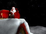 Kerstkaart: Santa Claus staat boven op het besneeuwde dak bij de schoorsteen naast de slee en heeft de zak met cadeaus in zijn hand