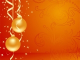 Kerstkaart: Goudkleurige kerstballen tegen een oranje achtergrond