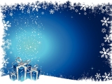 Kerstkaart: Blauwe kerstpakjes met witte strikken tegen een blauwe achtergrond omlijst met witte sneeuwvlokken