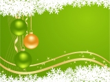 Kerstkaart: Groene achtergrond met witte sneeuwkristallen en twee groene kerstballen en een gele