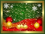 Kerstkaart: Gele kerstklokken met rode strikken en twee rode en twee gele kerstballen met heel veel sterretjes met een groene achtergrond