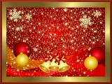 Kerstkaart: Gele kerstklokken met rode strikken en twee rode en twee gele kerstballen met heel veel sterretjes met een rode achtergrond