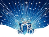 Kerstkaart: Drie blauwe kerstpakken met witte strikken tegen een blauwe achtergrond met veel sterren