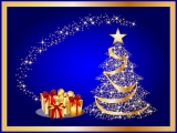 Kerstkaart: Vier kerstcadeaus met een kerstboom vol met sterretjes tegen een blauwe achtergrond