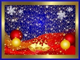 Kerstkaart: Gele kerstklokken met rode strikken en twee rode en twee gele kerstballen met heel veel sterretjes