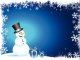 Kerstkaart: Sneeuwpop met zwarte hoed en twee blauwe kerstcadeaus met witte strik tegen een blauwe achtergrond omlijst met sneeuwvlokken
