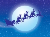 Kerstkaart: De Kerstman vliegt met zijn arrenslee en rendieren door de lucht bij volle maan