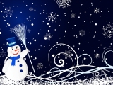 Kerstkaart: Sneeuwpop met blauwe hoed en sjaal houdt een witte bezem in zijn hand tegen een blauwe achtergrond met witte sneeuwvlokken
