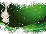 Kerstkaart: Zes witte kerstballen tegen een groene achtergrond met sneeuwvlokken
