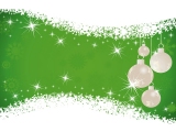 Kerstkaart: Witte kerstballen tegen een groene achtergrond met witte sterren omllijst met sneeuwvlokken