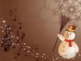 Kerstkaart: Sneeuwpop met bruine hoed en rode sjaal houdt een bruine bezem vast tegen een bruine achtergrond met sterren, sneeuwvlokken en muzieknoten