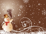 Kerstkaart: Sneeuwpop met bruine hoed en rode sjaal houdt een bruine bezem in zijn hand tegen een bruine achtergrond met witte sneeuwvlokken
