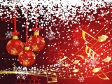 Kerstkaart: Rode kerstballen met gele sneeuwvlokken hangen aan rode strikken in een omgeving met sneeuwvlokken en muzieknoten