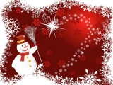 Kerstkaart: Sneeuwpop met rode hoed en rode sjaal houdt een witte bezem vast tegen een rode achtergrond met een grote witte kerstster omgeven door sneeuwvlokken