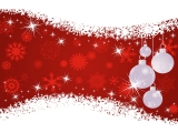 Kerstkaart: Vier witte kerstballen hangen voor een rode achtergrond met witte kerststerren omgeven door sneeuwvlokken