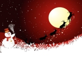 Kerstkaart: Op de voorgrond staat een sneeuwpop met rode hoed en rode sjaal, op de achtergrond vliegt de kerstman met zijn arrenslee en rendieren door de lucht bij volle maan
