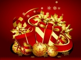 Kerstkaart: Rode kerstcadeaus met gele kerstballen en een rode achtergrond