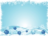 Kerstkaart: Blauwe kerstballen met een lichtblauwe achtergrond omlijst met witte sneeuwvlokken