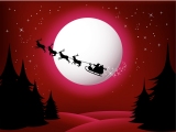 Kerstkaart: De Kerstman vliegt met zijn arrenslee en rendieren bij volle maan door de lucht