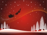 Kerstkaart: De Kerstman vliegt met zijn arrenslee en rendieren door de lucht, beneden staan witte bomen