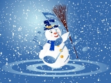 Kerstkaart: Sneeuwpop met blauwe hoed en blauwe sjaal houdt een bezem in zijn hand te midden van blauwe muzieknoten en witte sneeuwvlokken