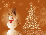 Kerstkaart: Sneeuwpop met bruine hoed en rode sjaal houdt een bezem vast naast een kerstboom vol met sterretjes