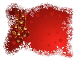 Kerstkaart: Rode kerstballen met gele sneeuwvlokken met een rode achtergrond omgeven door witte sneeuwvlokken