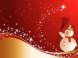 Kerstkaart: Sneeuwpop met bruine hoed en rode sjaal houdt een bezem vast tegen een rode achtergrond met sneeuwvlokken en sterren