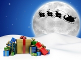 Kerstkaart: De Kerstman vliegt met zijn arrenslee en rendieren bij volle maan door de lucht, op de voorgrond staat een verzameling kerstpakjes