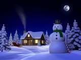 Kerstkaart: Grote sneeuwpop staat voor een huis met besneeuwd dak, voor het huis staat de arrenslee van de kerstman