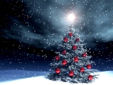 Kerstkaart: Kerstboom met rode kerstballen met daarboven de helder schijnende kerstster