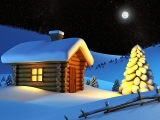 Kerstkaart: Besneeuwd huisje in sneeuwlandschap bij volle maan
