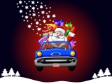 Kerstkaart: De Kerstman rijdt in een blauwe auto vol met kerstcadeaus