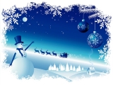 Kerstkaart: Sneeuwpop met blauwe hoed en sjaal steekt zijn hand op naar Santa Claus die in zijn arrenslee voorbij komt vliegen